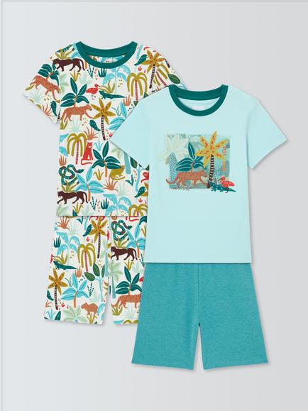 John Lewis Kids' Cotton Jungle Print Shortie Pyjamas, Set of 2, Green/Multi, Green Multi