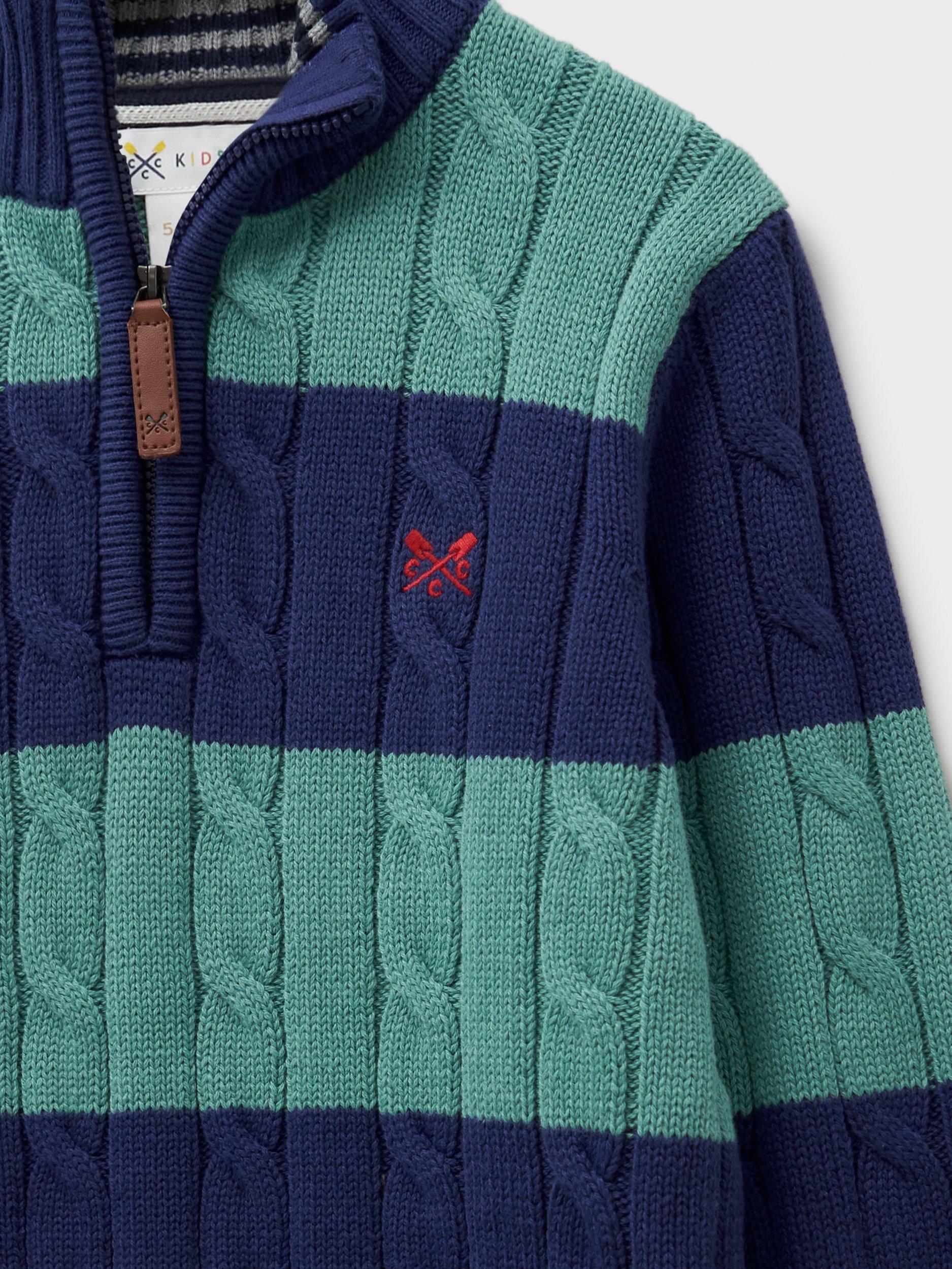 Product image 3 of 3, which shows Crew Clothing Oarsman Cable Knit Half Zip Jumper, Light Green, 8-9 years