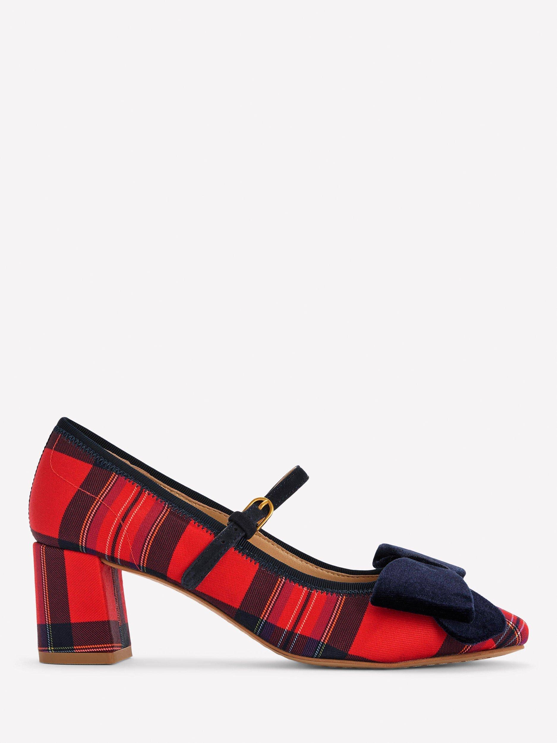 Boden Embellished Bow Tartan Mary Jane Court Shoes, Red/Multi