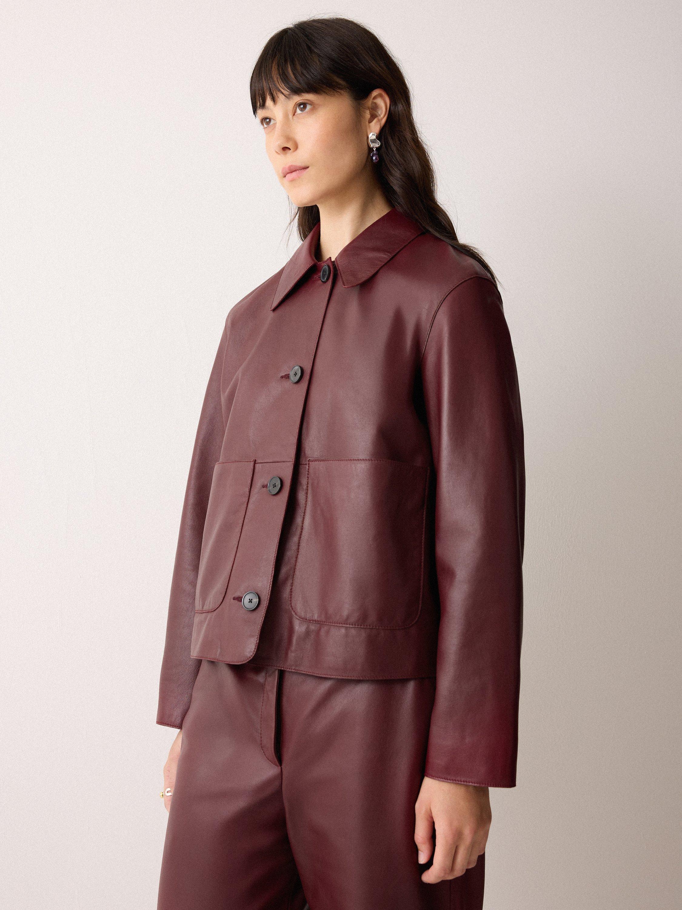 Product image 1 of 6, which shows Jigsaw Eve Cropped Pure Leather Jacket, Red, 6