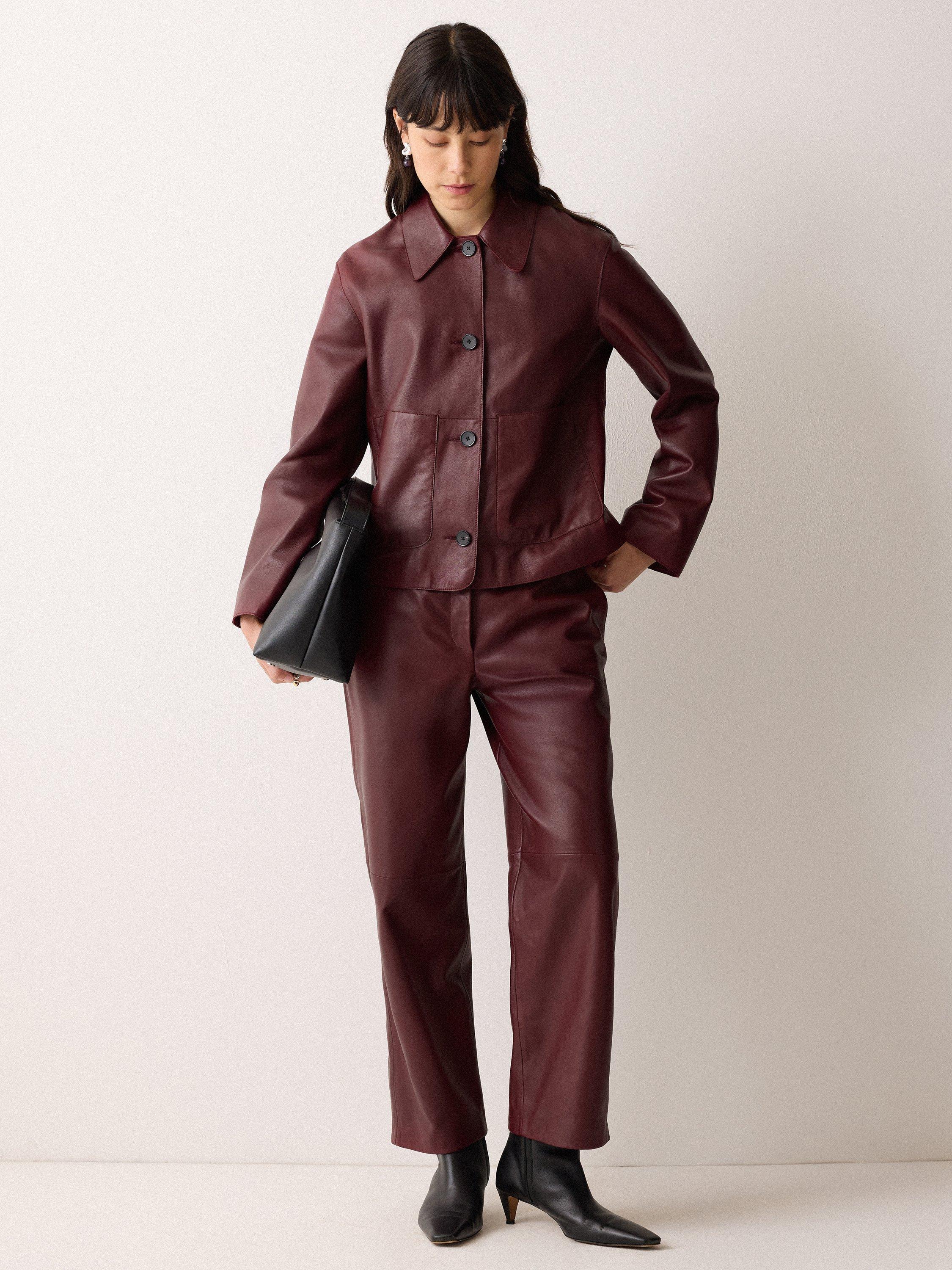 Product image 3 of 6, which shows Jigsaw Eve Cropped Pure Leather Jacket, Red, 6