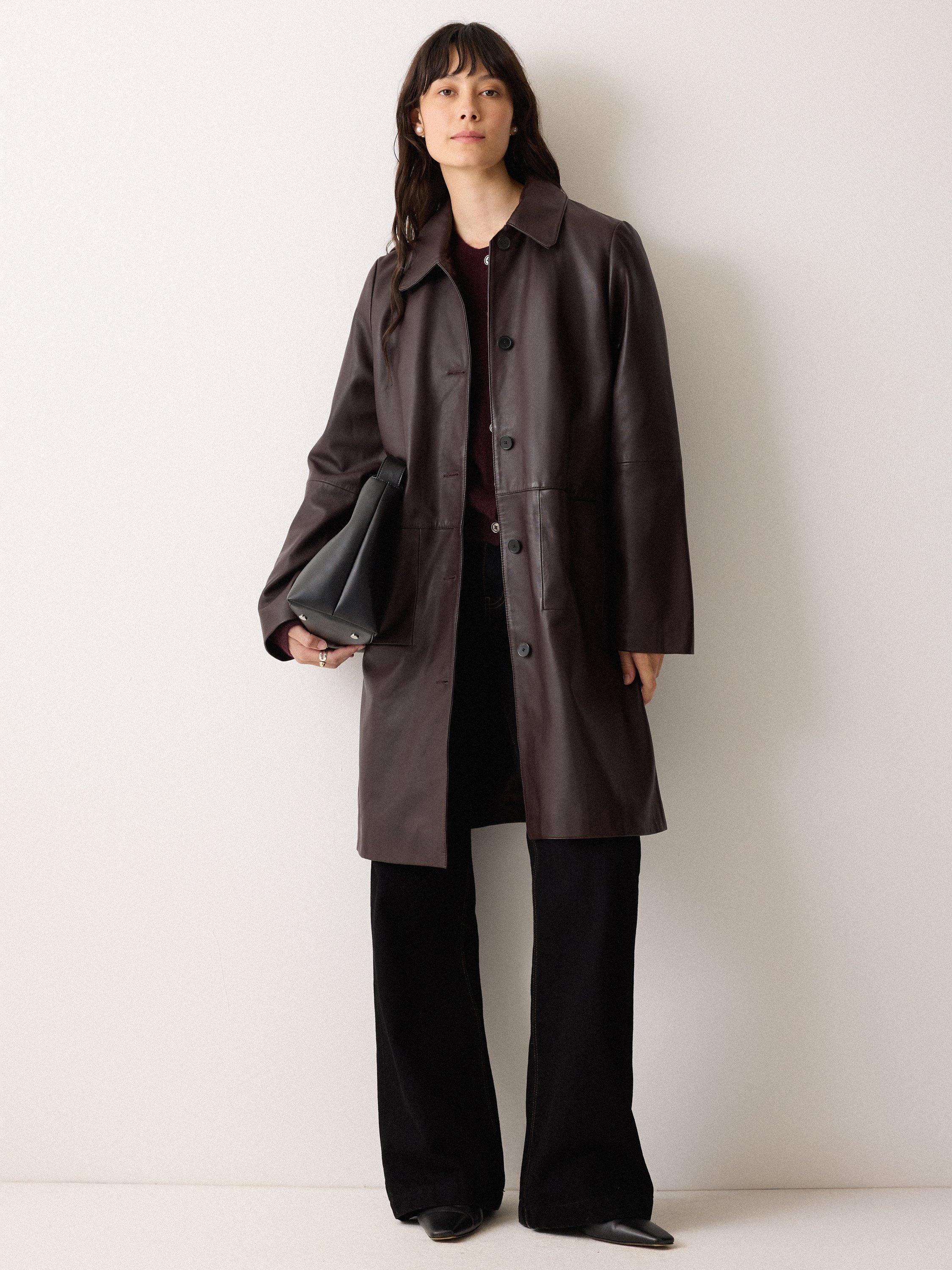 Product image 1 of 6, which shows Jigsaw Pure Leather Trench Coat, Purple, 6