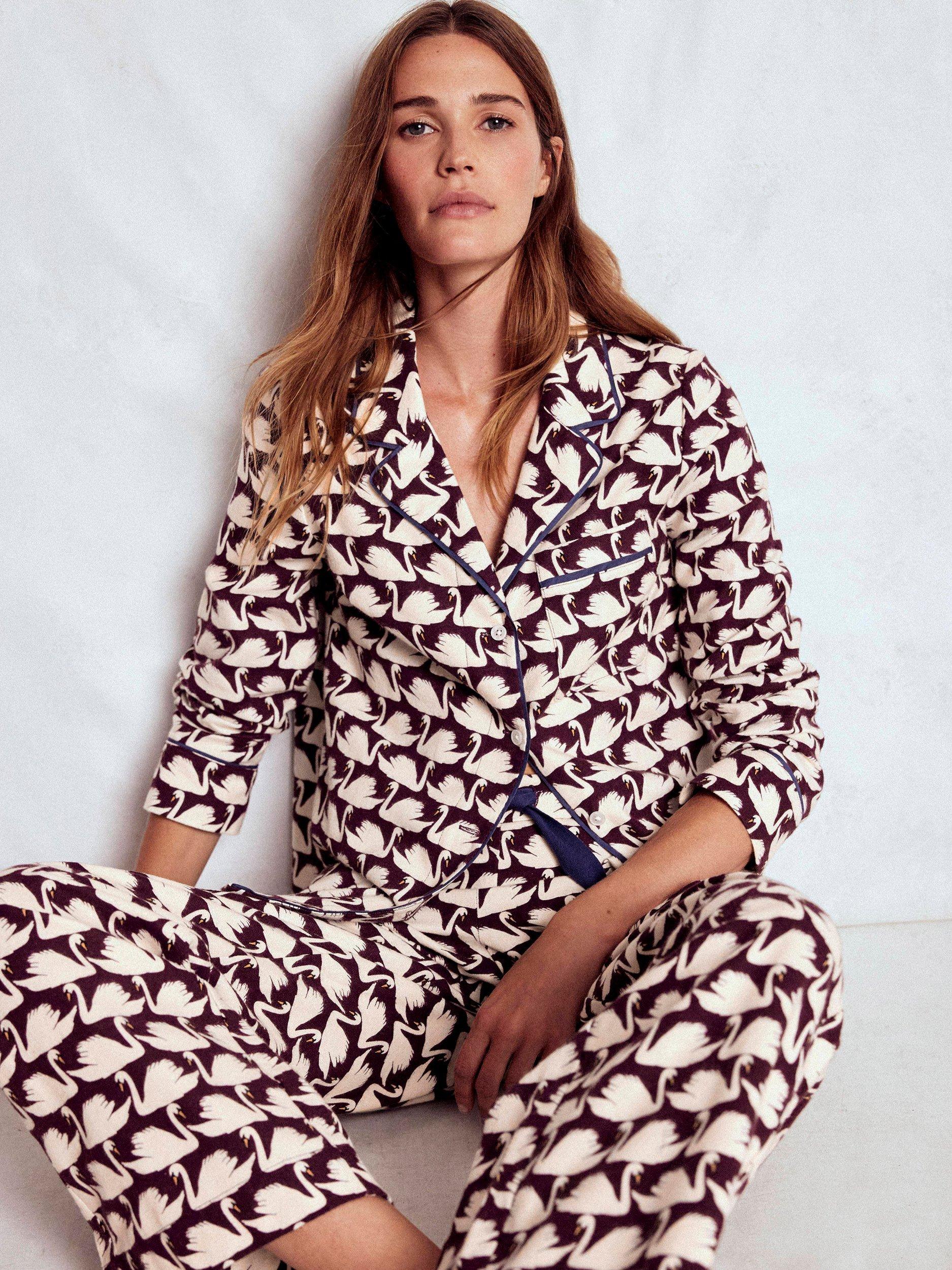 Product image 1 of 3, which shows Boden Swans Brushed Cotton Pyjama Top, Dark Cherry, 8