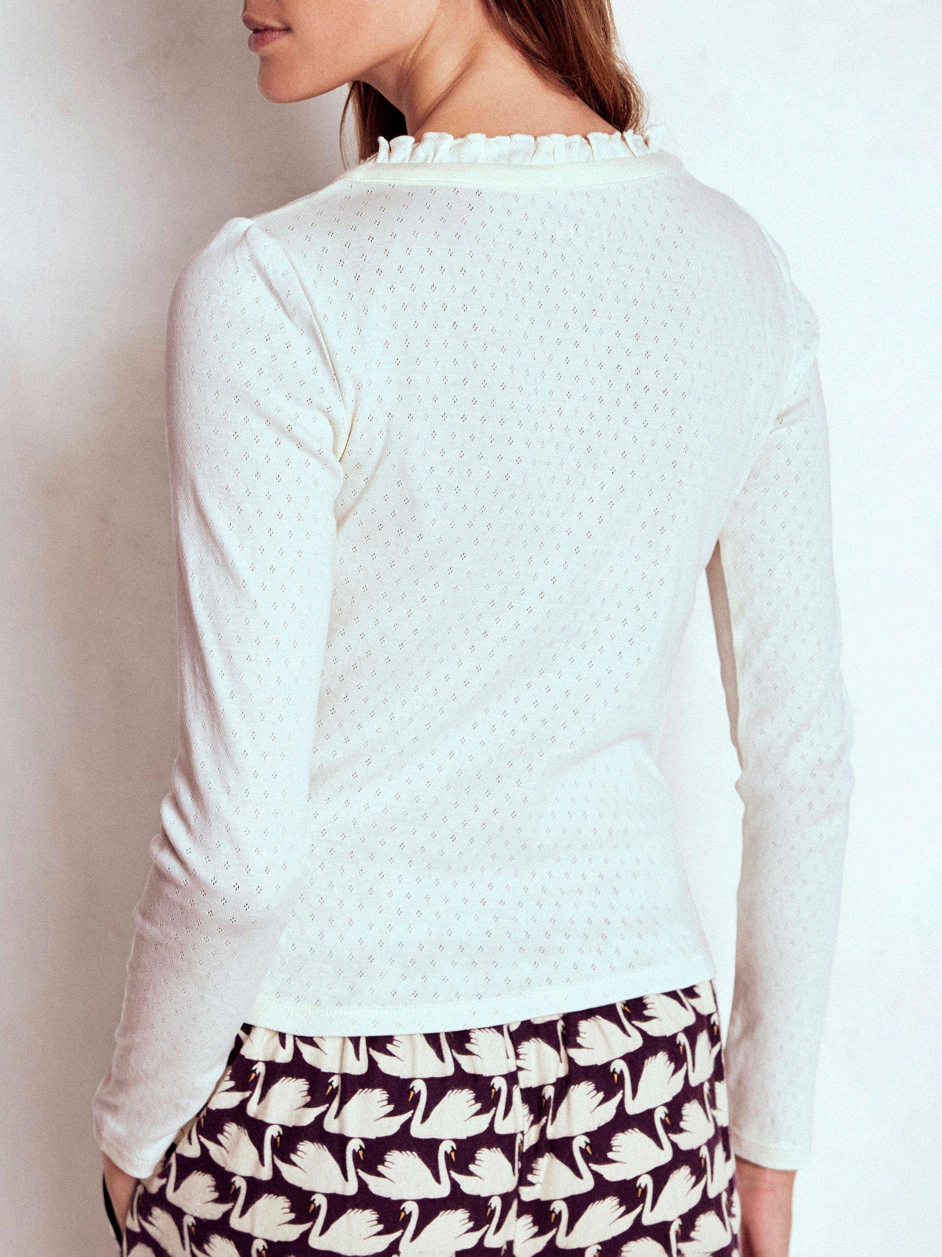 Product image 2 of 4, which shows Boden Henley Frill Pyjama Top, Ivory, 8