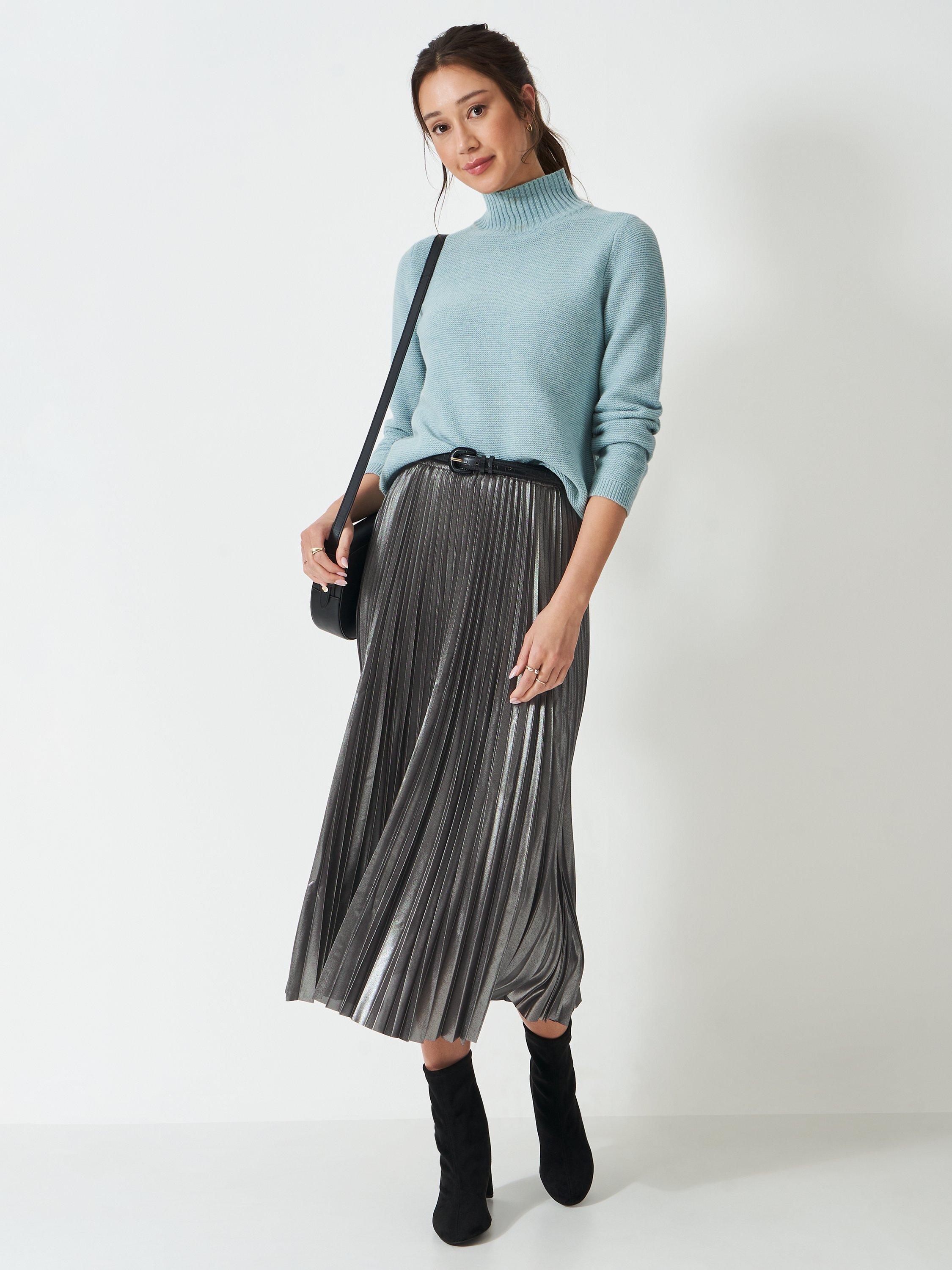 Product image 1 of 5, which shows Crew Clothing Aurora Pleated Midi Skirt, Silver Grey, 10