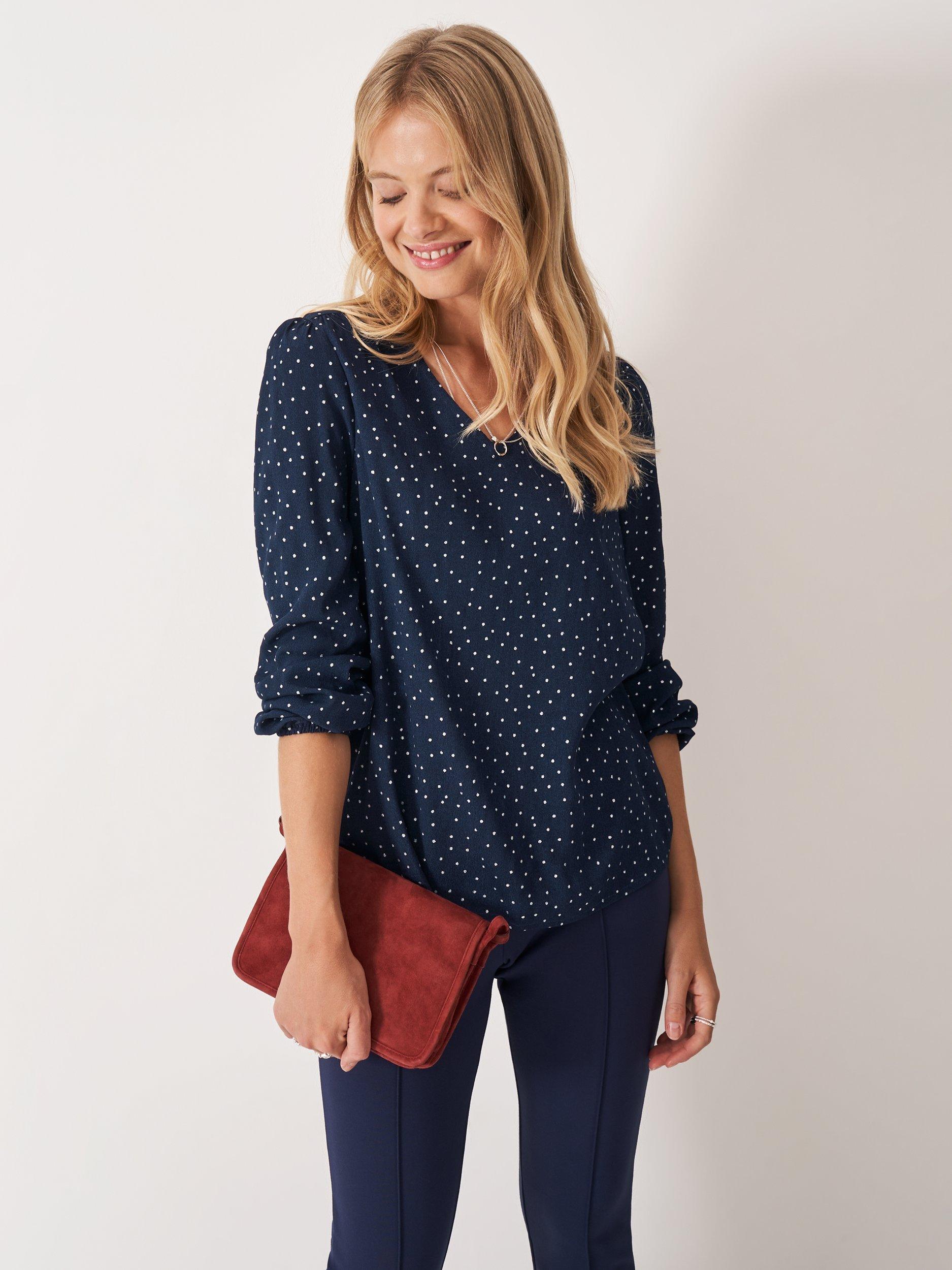 Product image 1 of 5, which shows Crew Clothing Evelyn Polka Dot Top, Navy, 10
