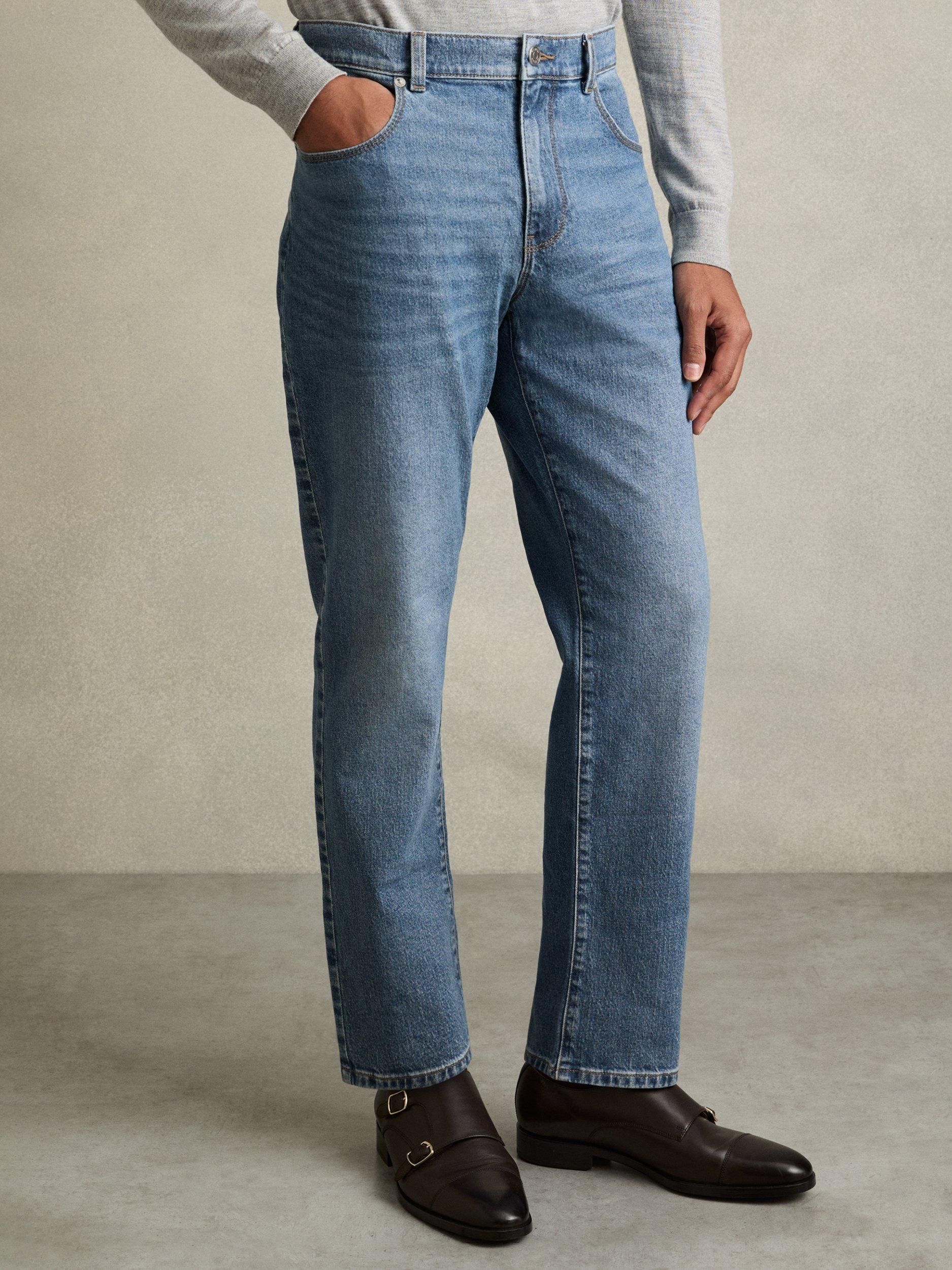 Product image 1 of 5, which shows Mango Bishopsgate Straight Mid Rise Jeans, Mid Blue Wash, 28R