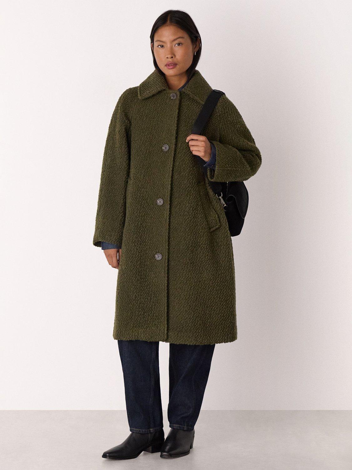Product image 1 of 4, which shows Whistles Petite Romy Longline Boucle Coat, Khaki, 6