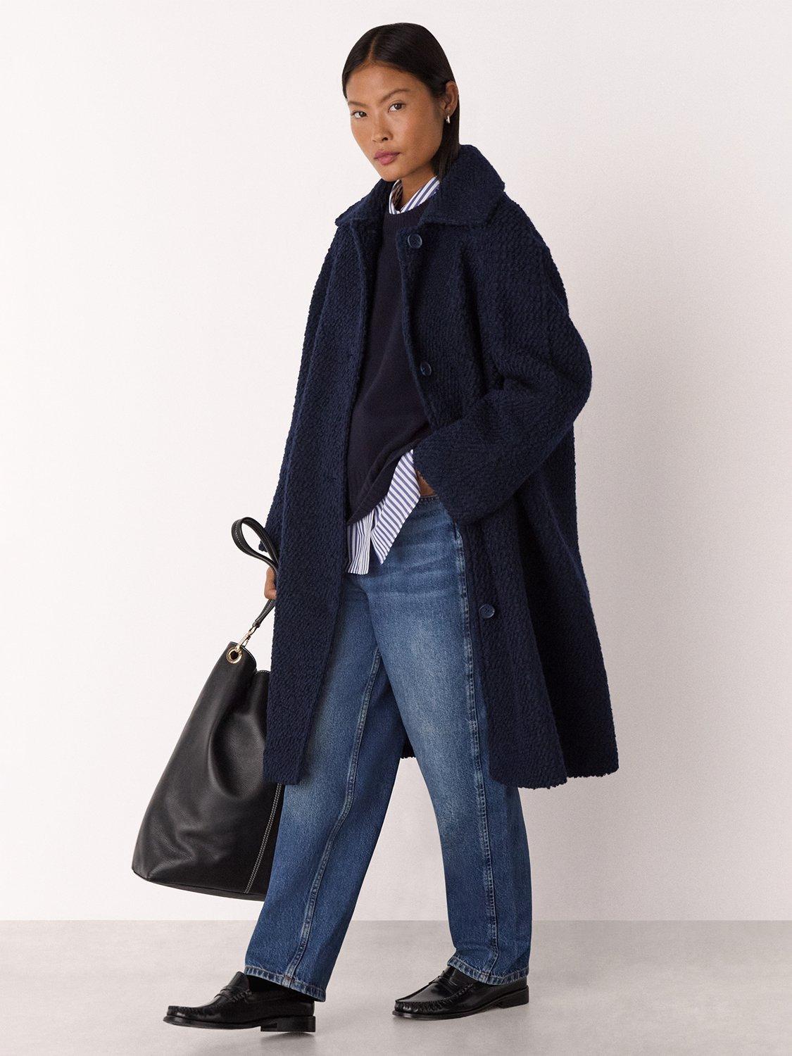 Product image 3 of 5, which shows Whistles Petite Romy Longline Boucle Coat, Navy, 6