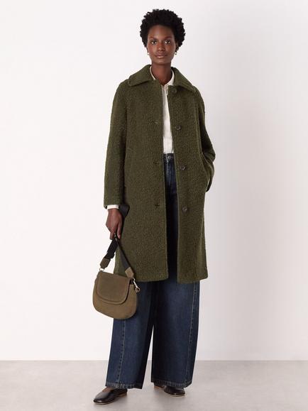Whistles Romy Wool Blend Boucle Teddy Coat, Khaki