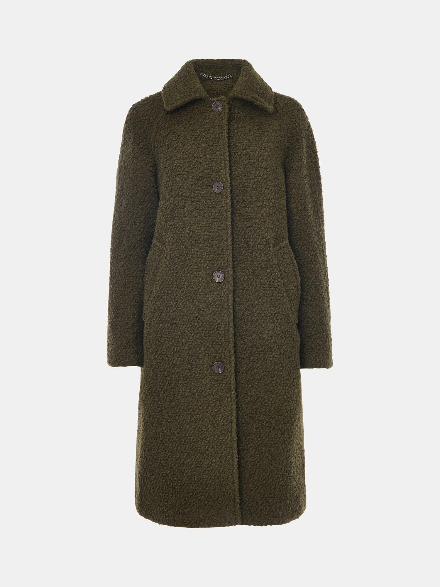 Product image 5 of 5, which shows Whistles Romy Wool Blend Boucle Teddy Coat, Khaki, 6