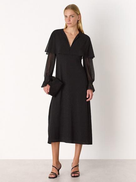 Whistles Hot Fix V-Neck Ruffle Cape Long Sleeve Midi Dress, Black
