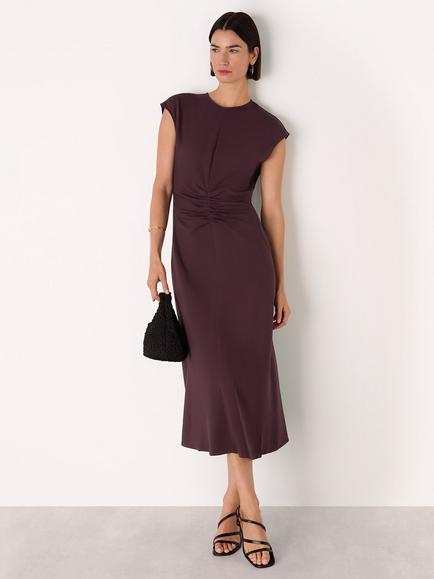 Whistles Cap Sleeve Gathered Midi Dress, Burgundy, Burgundy