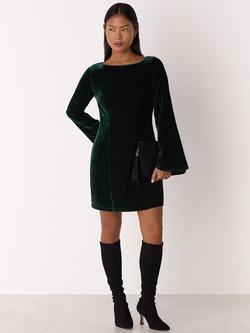 Whistles Petite Boat Neck Flared Velvet Mini Sheath Dress, Forest Green