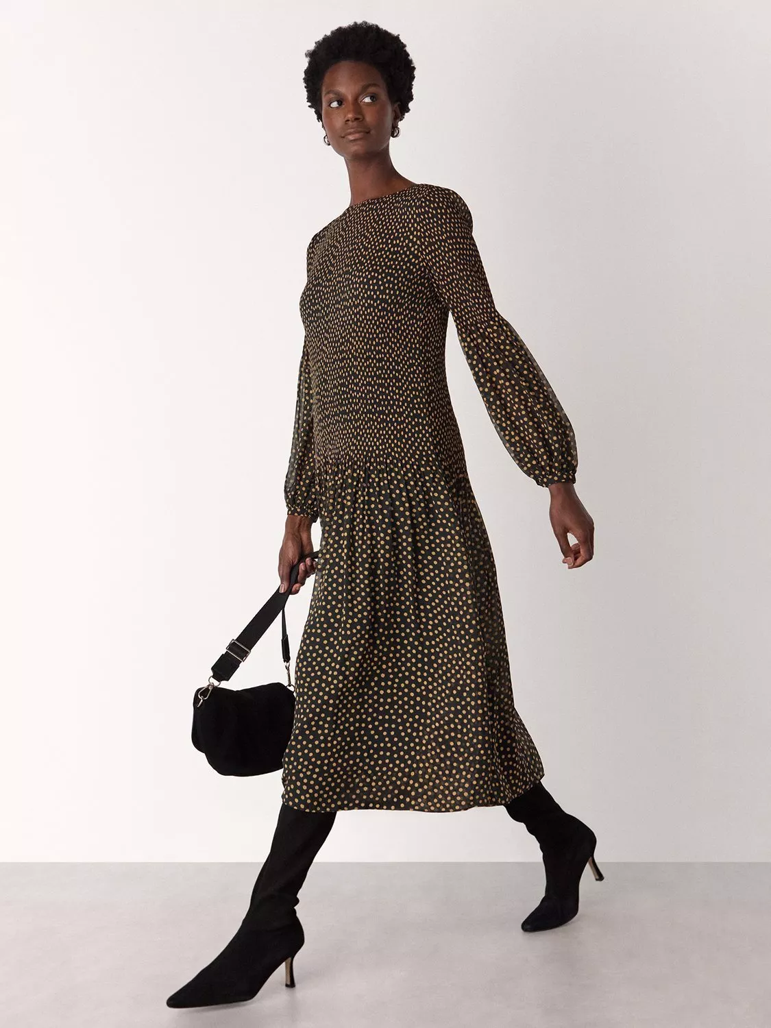Whistles Pleated Polka Dot Plisse Midi Dress
