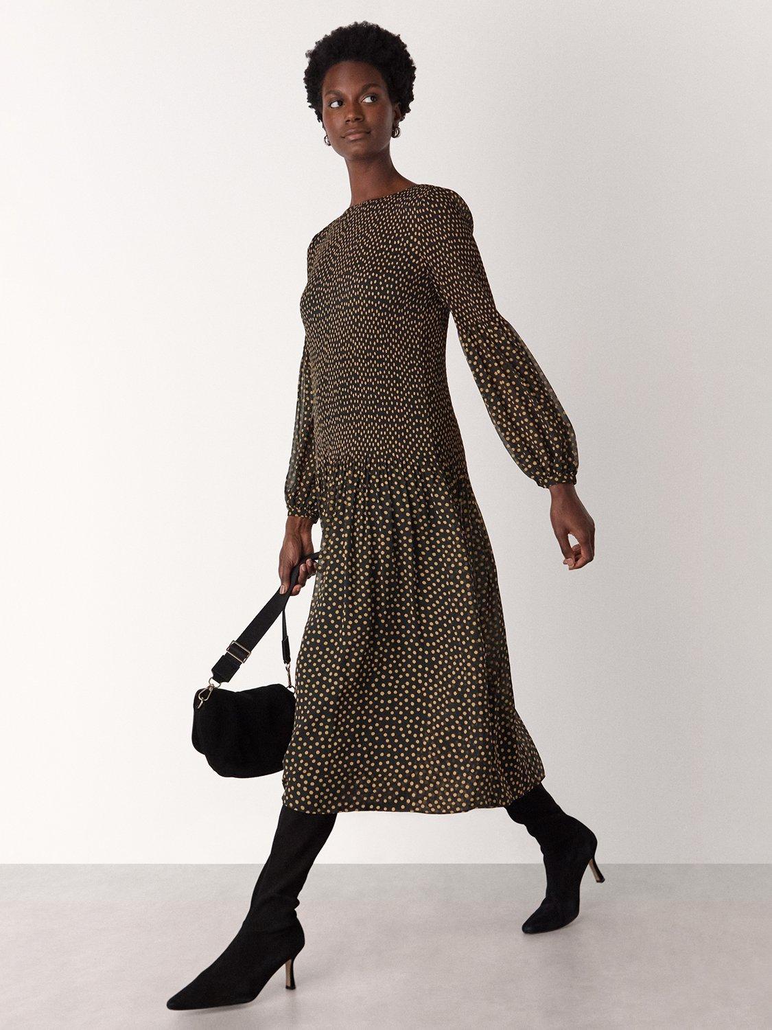 Whistles Pleated Polka Dot Plisse Midi Dress