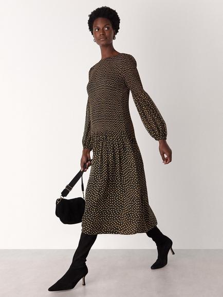 Whistles Pleated Polka Dot Plisse Midi Dress, Black/Multi