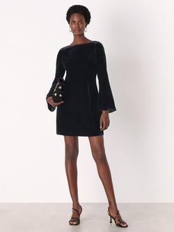 Whistles Velvet Flared Sleeve Mini Dress, Black, Black