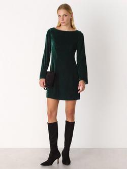 Whistles Velvet Flared Sleeve Mini Sheath Dress, Forest Green