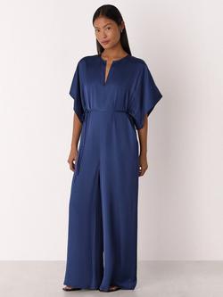 Whistles Petite Short Sleeve Satin Jumpsuit, Navy, Navy