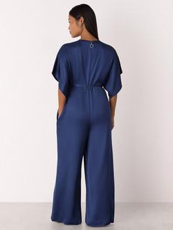 Whistles Petite Short Sleeve Satin Jumpsuit, Navy - view 2, Navy