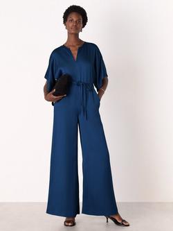 Whistles V-Neck Short Sleeve Satin Wide Leg Jumpsuit, Navy