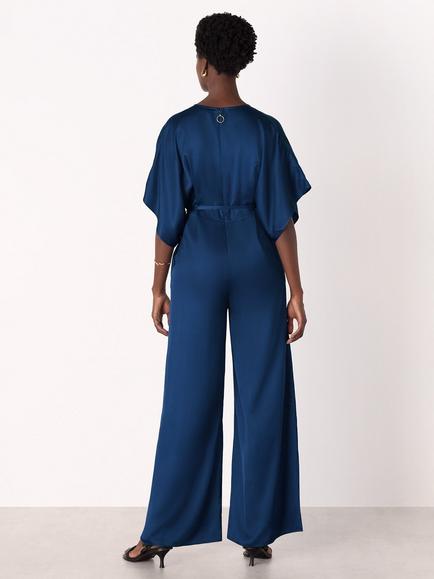 Whistles V-Neck Short Sleeve Satin Wide Leg Jumpsuit - view 2, Navy