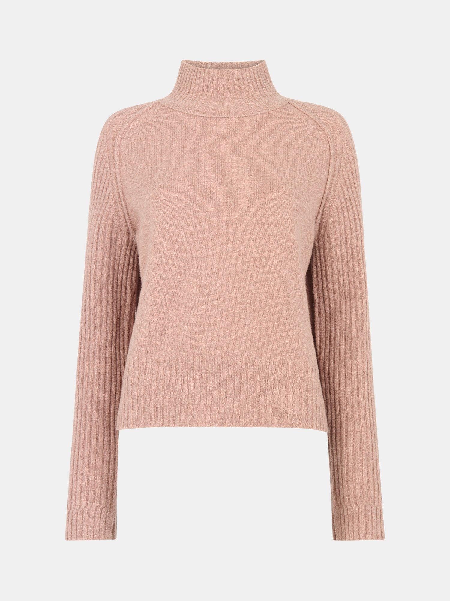 Product image 5 of 5, which shows Whistles Funnel Neck Pure Wool Jumper, Rose, XS