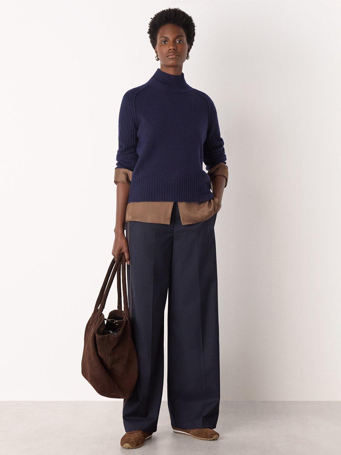 Product image 3 of 5, which shows Whistles Funnel Neck Pure Wool Jumper, Navy, S