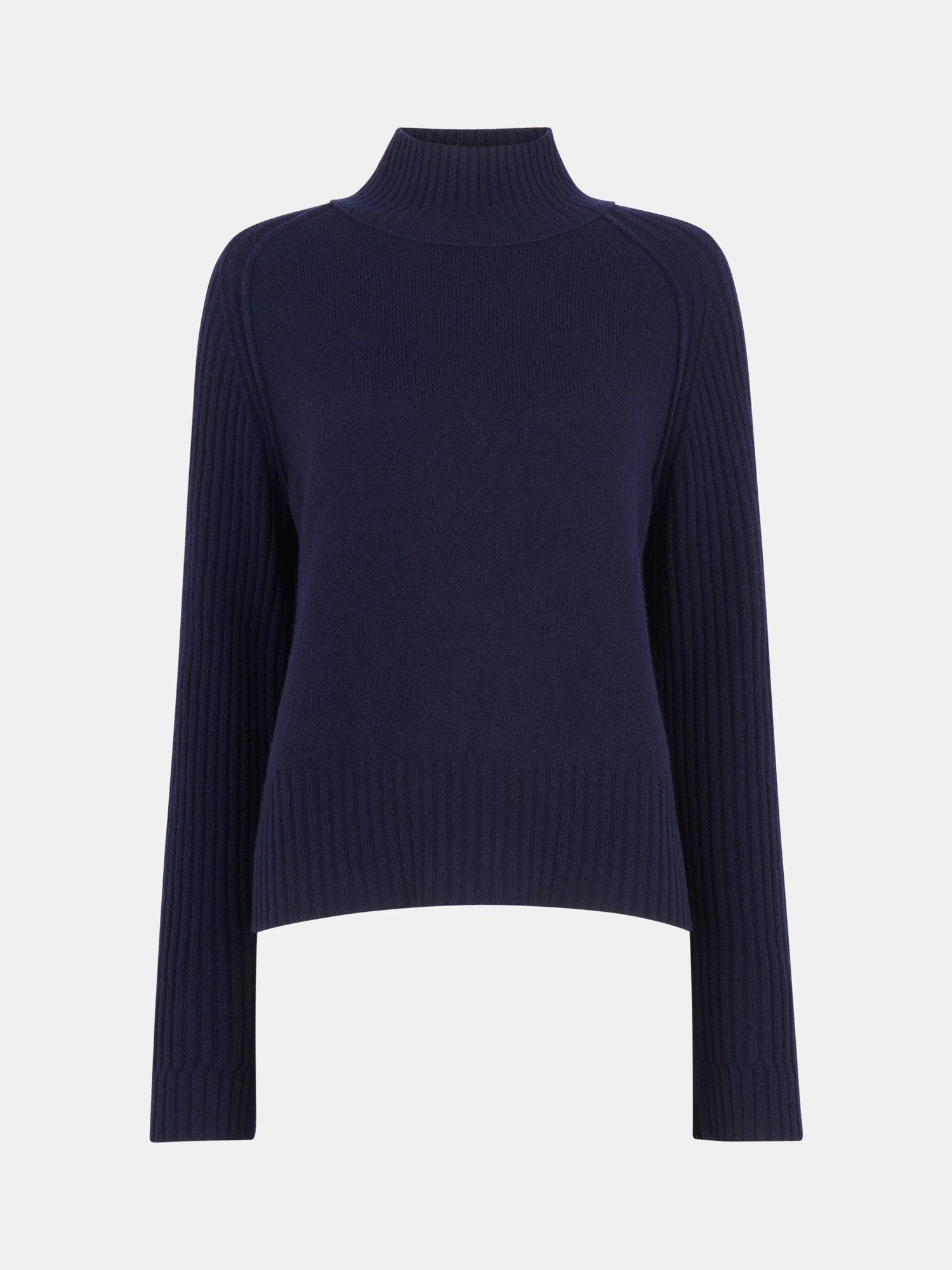 Product image 5 of 5, which shows Whistles Funnel Neck Pure Wool Jumper, Navy, S