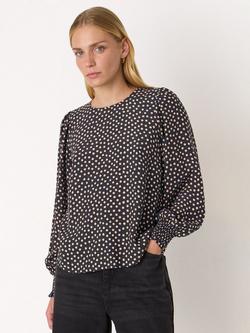 Whistles Spot Shirred Cuff Blouse, Black/Multi, Black/Multi