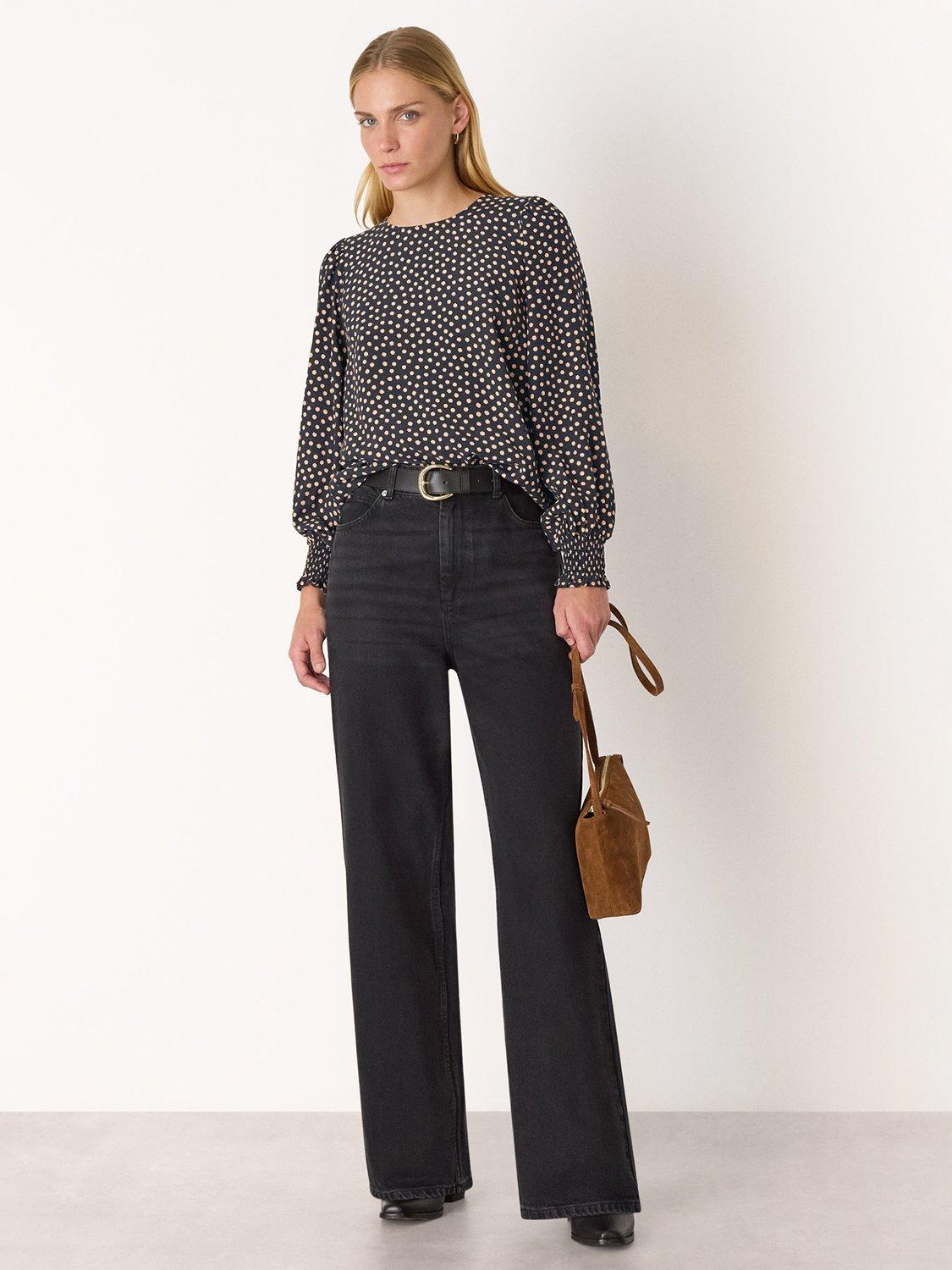 Product image 3 of 5, which shows Whistles Spot Shirred Cuff Blouse, Black/Multi, 6