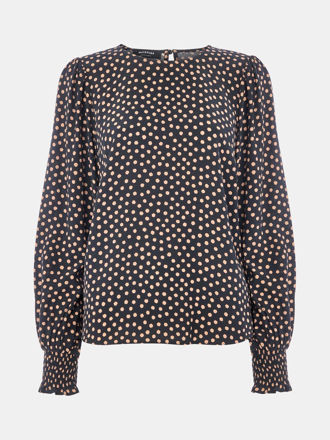 Product image 5 of 5, which shows Whistles Spot Shirred Cuff Blouse, Black/Multi, 6