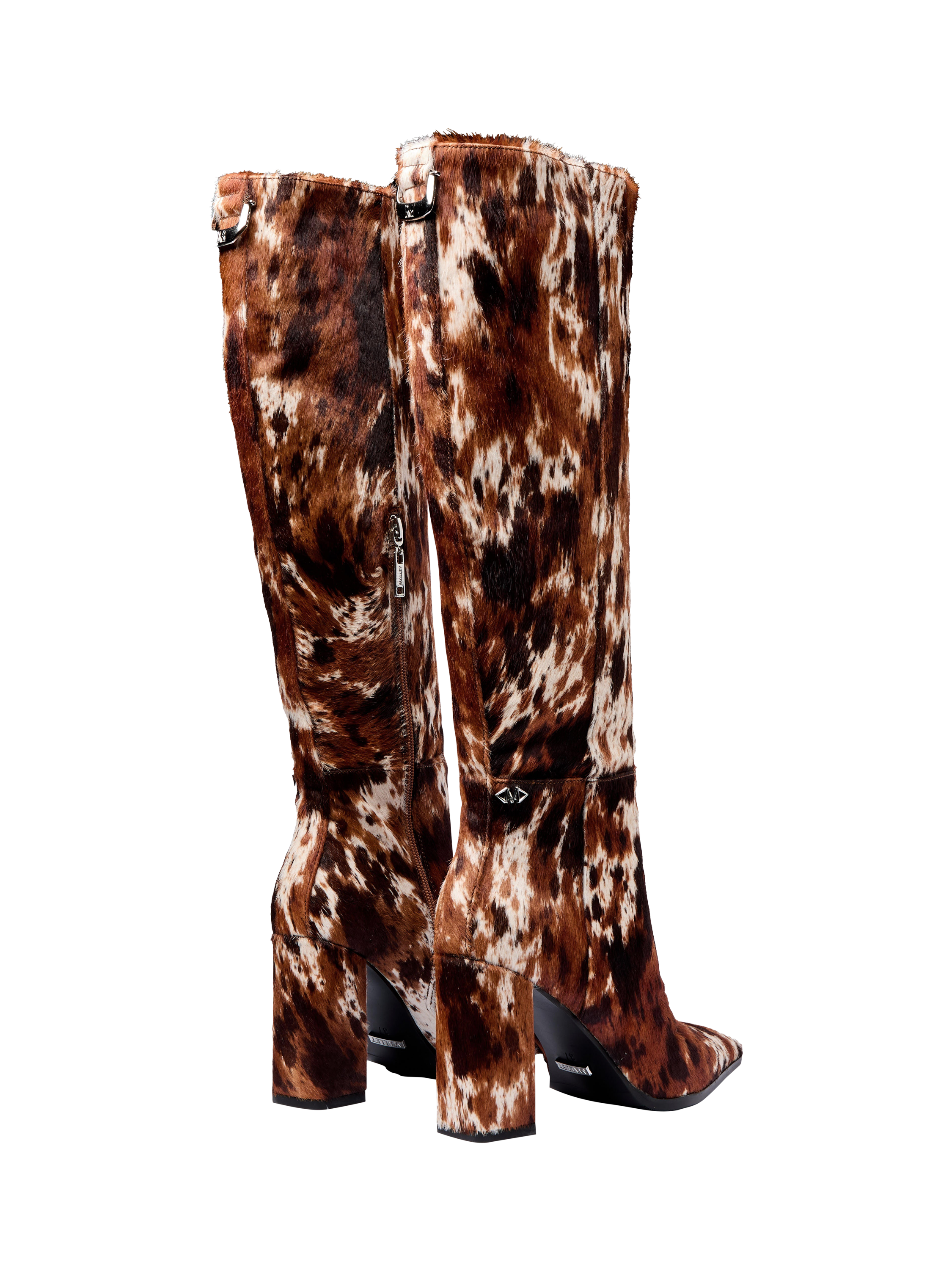 Product image 2 of 5, which shows Mallet Sabelle Overo Pony Effect Leather Knee High Boots, Brown/Multi, 8