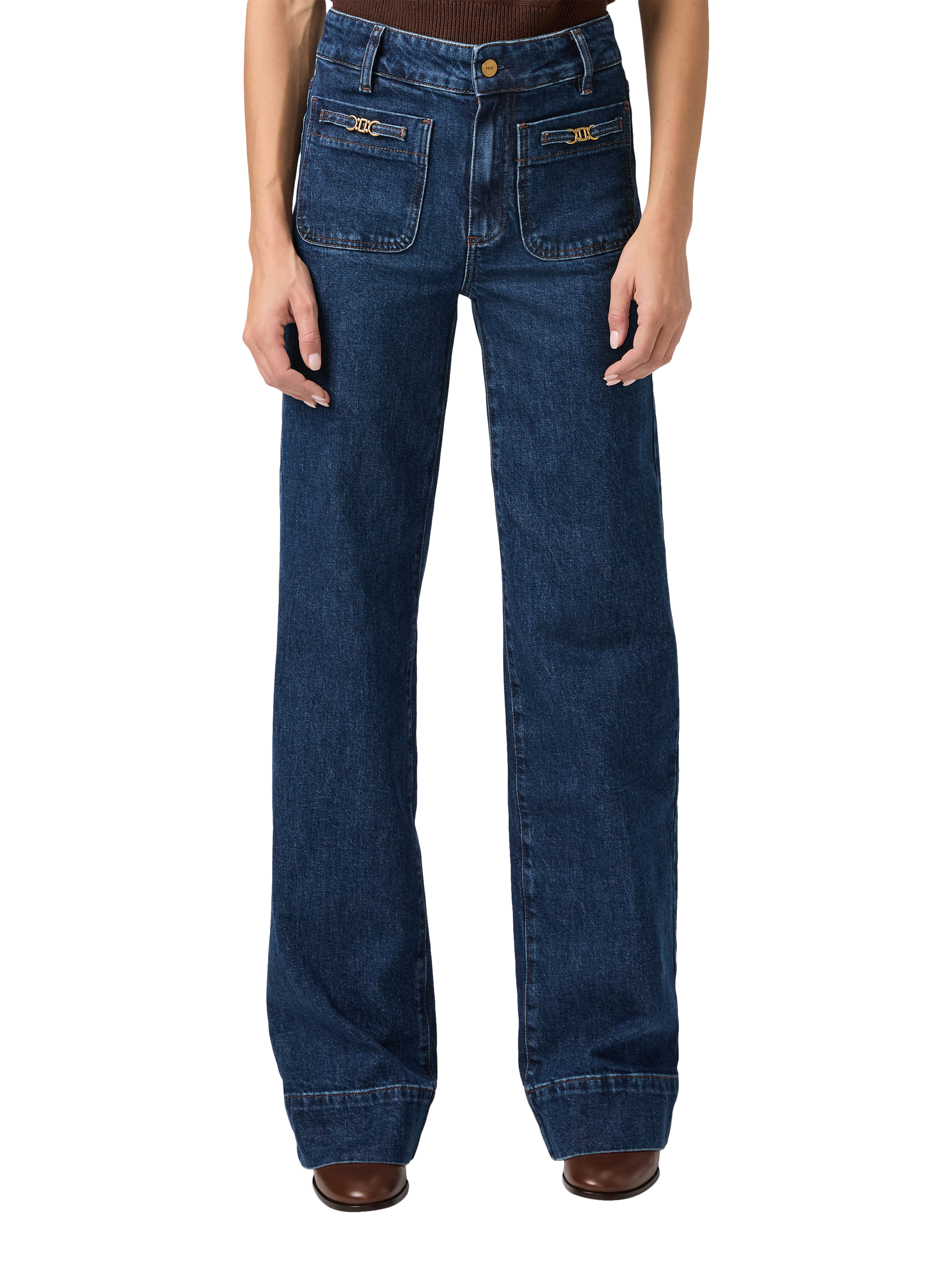 Product image 1 of 4, which shows PAIGE Sasha Patch Enfield Jeans, Dark Blue, 26