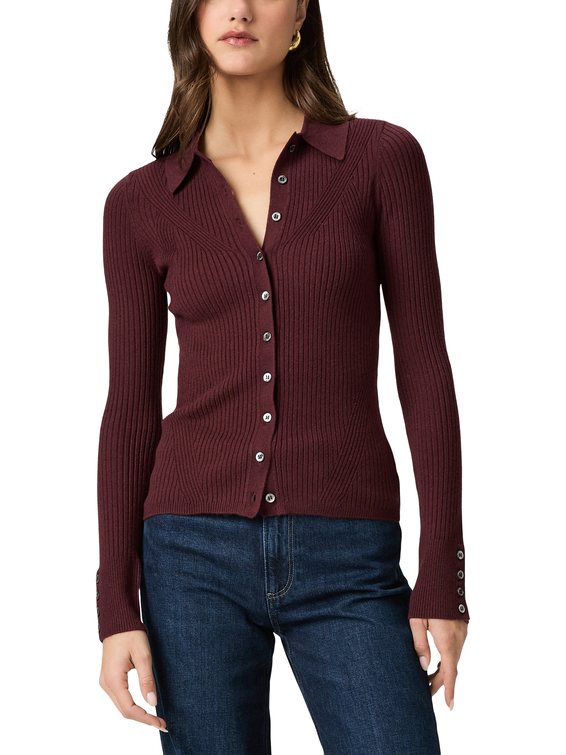 Product image 1 of 5, which shows PAIGE Jayde Rib Knit Cardigan, Red, S