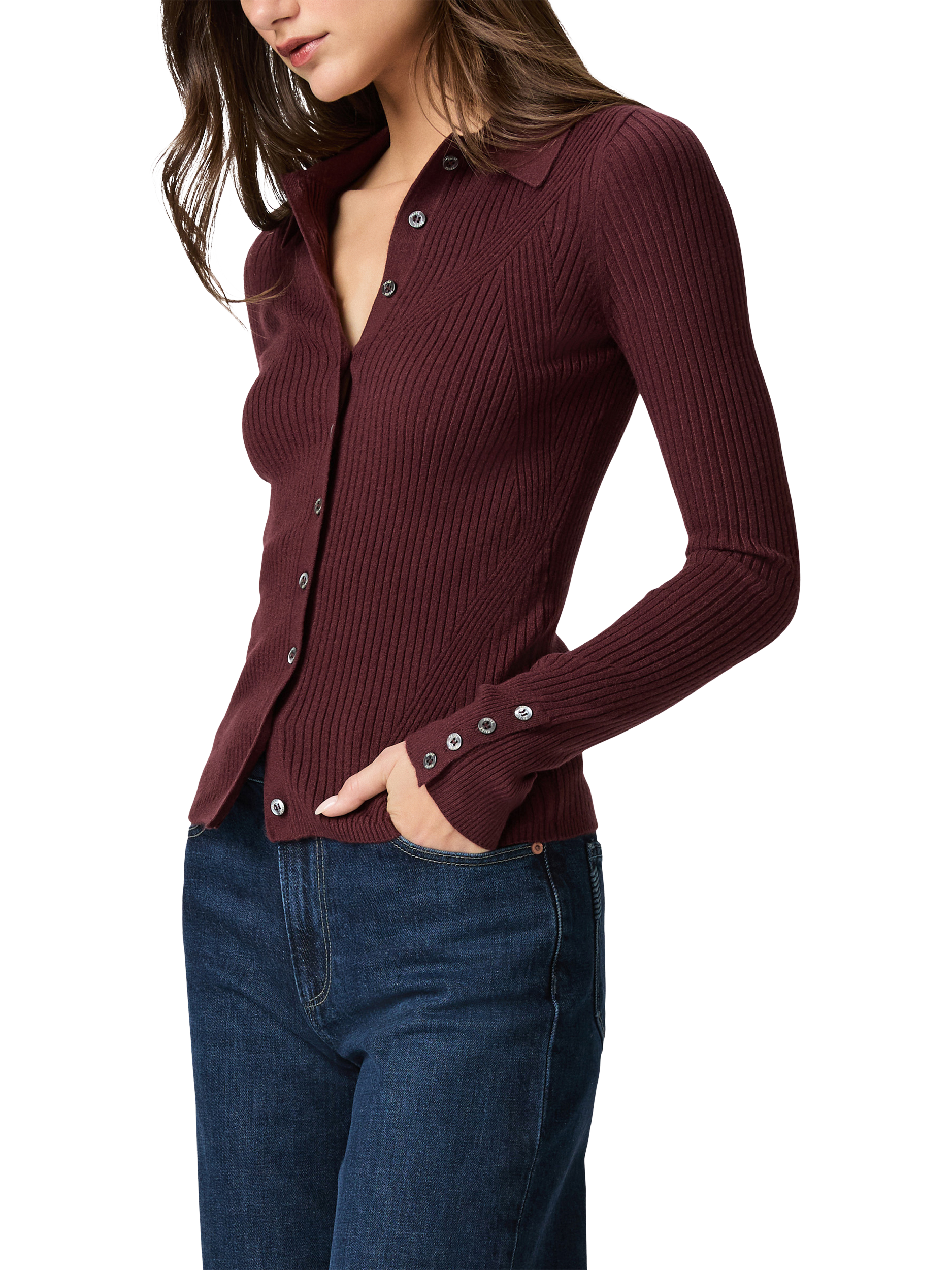Product image 3 of 5, which shows PAIGE Jayde Rib Knit Cardigan, Red, S