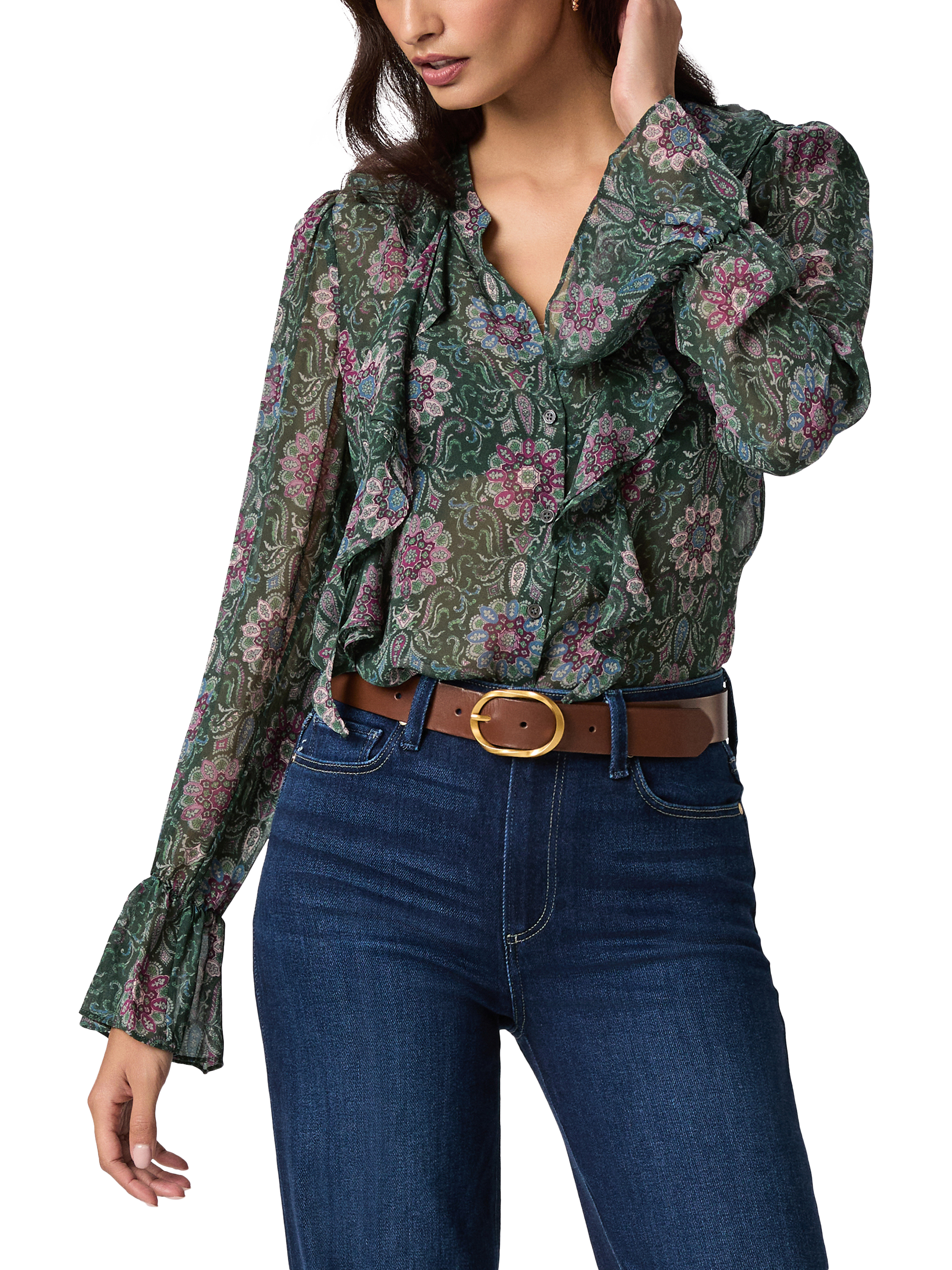 Product image 1 of 4, which shows PAIGE Claude Medallion Pure Silk Top, Green Multi, S