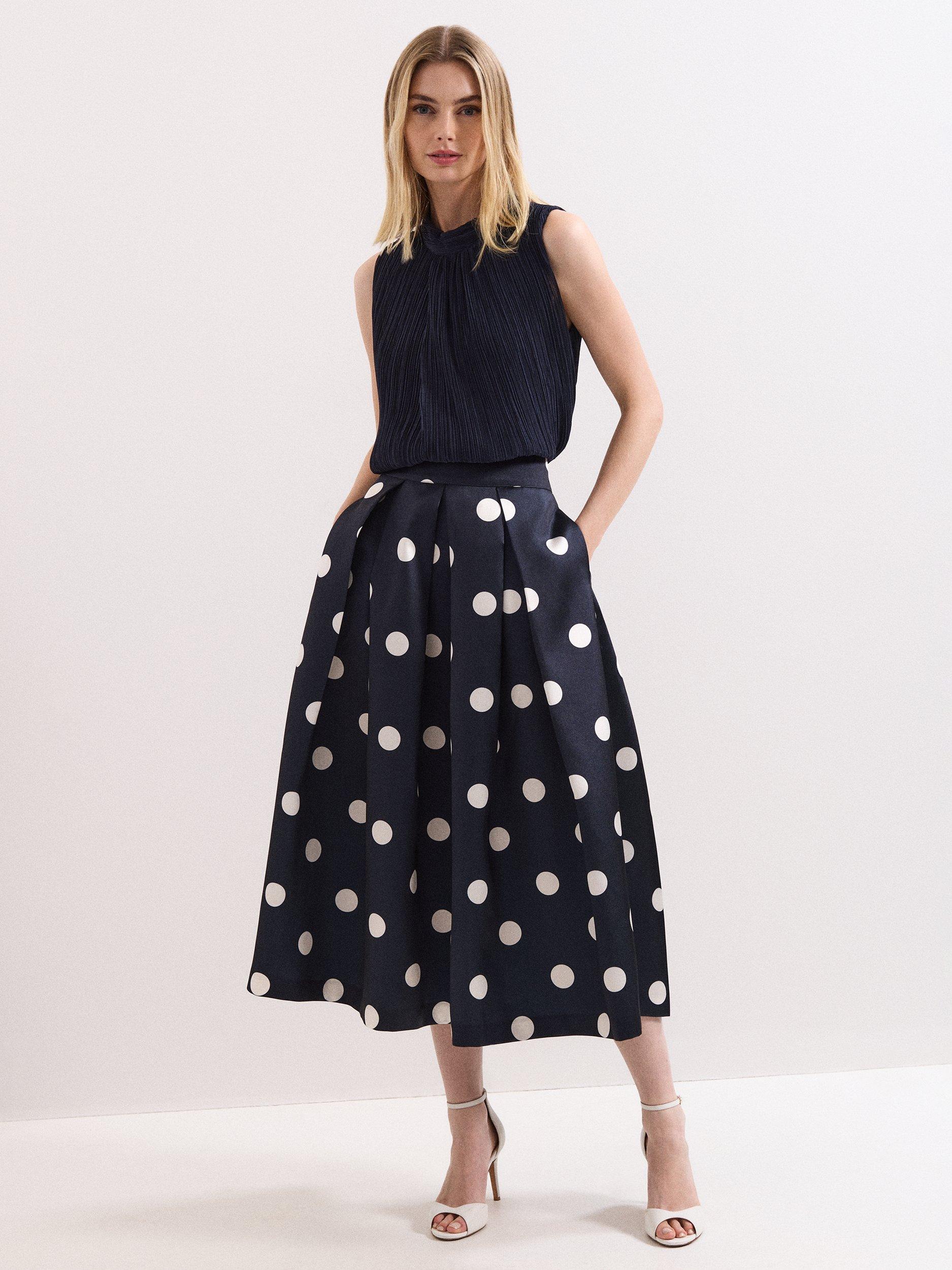 Product image 3 of 8, which shows Phase Eight Celeste Polka Dot Skirt, Navy, 8