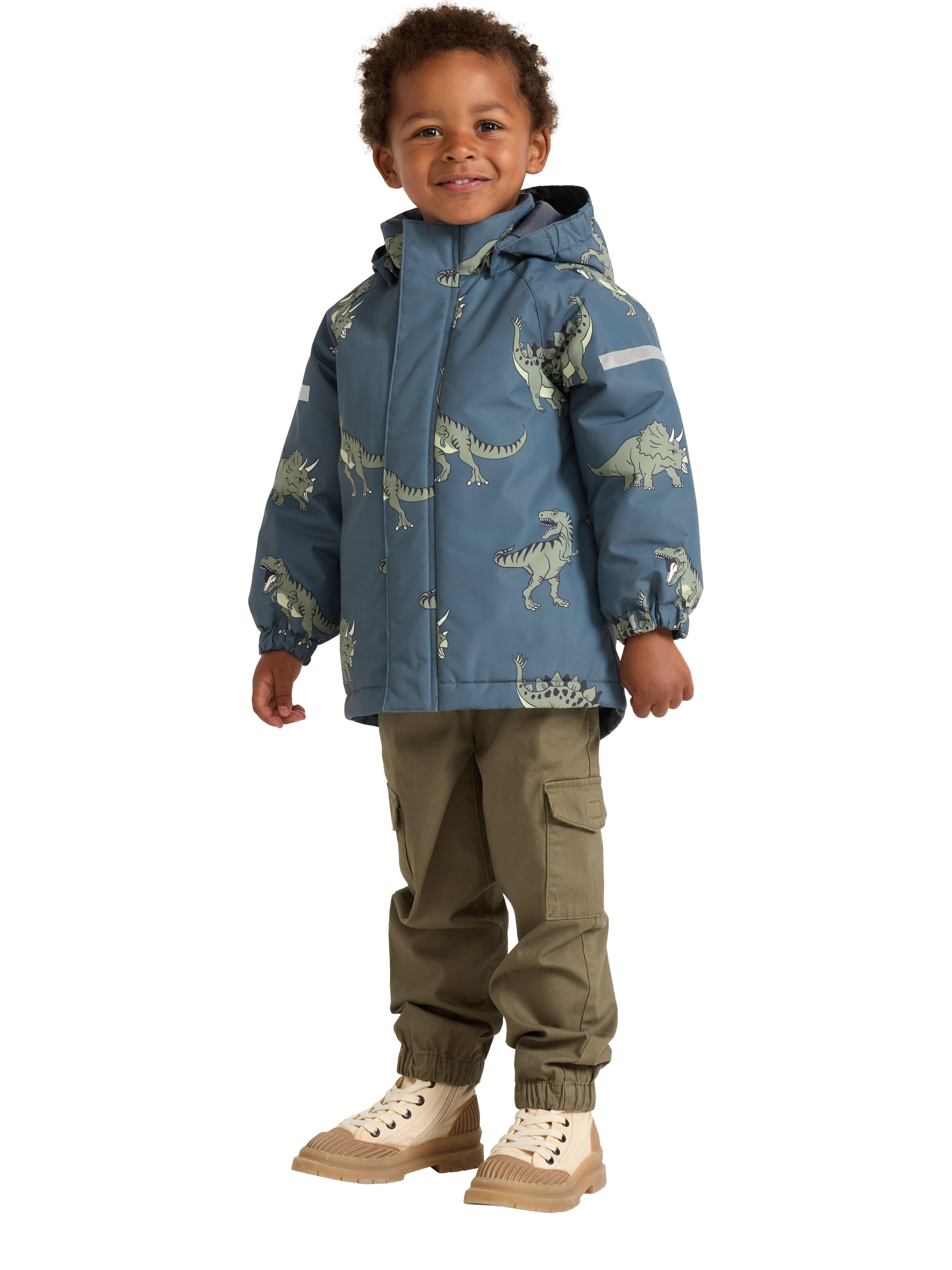 Product image 1 of 6, which shows Lindex Kids' Dinosaur Waterproof Jacket, Dark Grey/Multi, 4-5 years