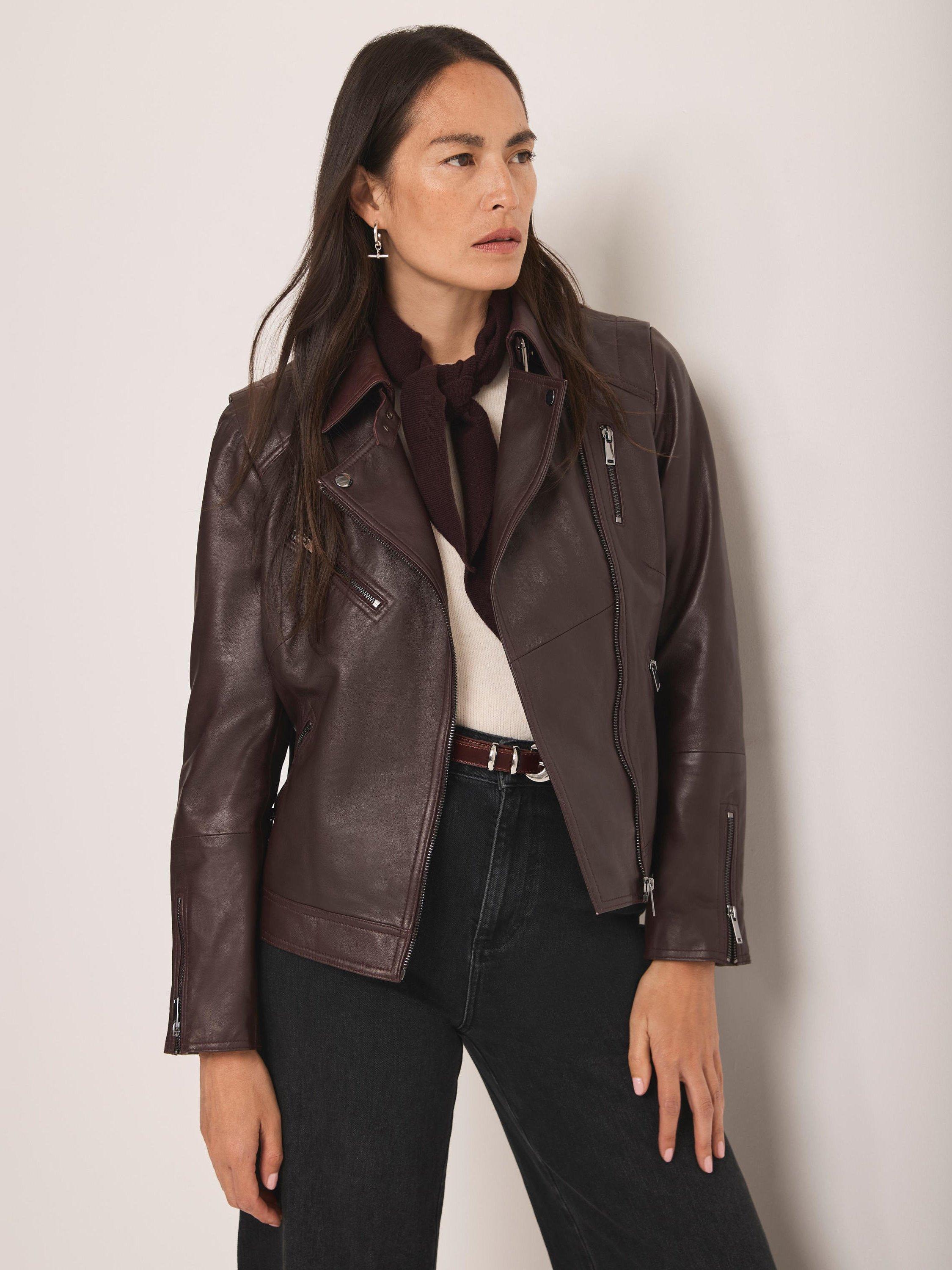 Product image 1 of 8, which shows Mint Velvet Leather Biker Jacket, Red Burgundy, 6