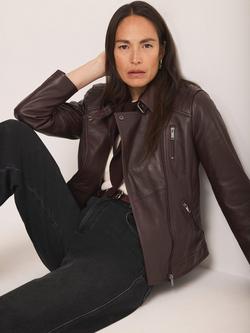 Mint Velvet Leather Biker Jacket, Red Burgundy - view 2, Red Burgundy