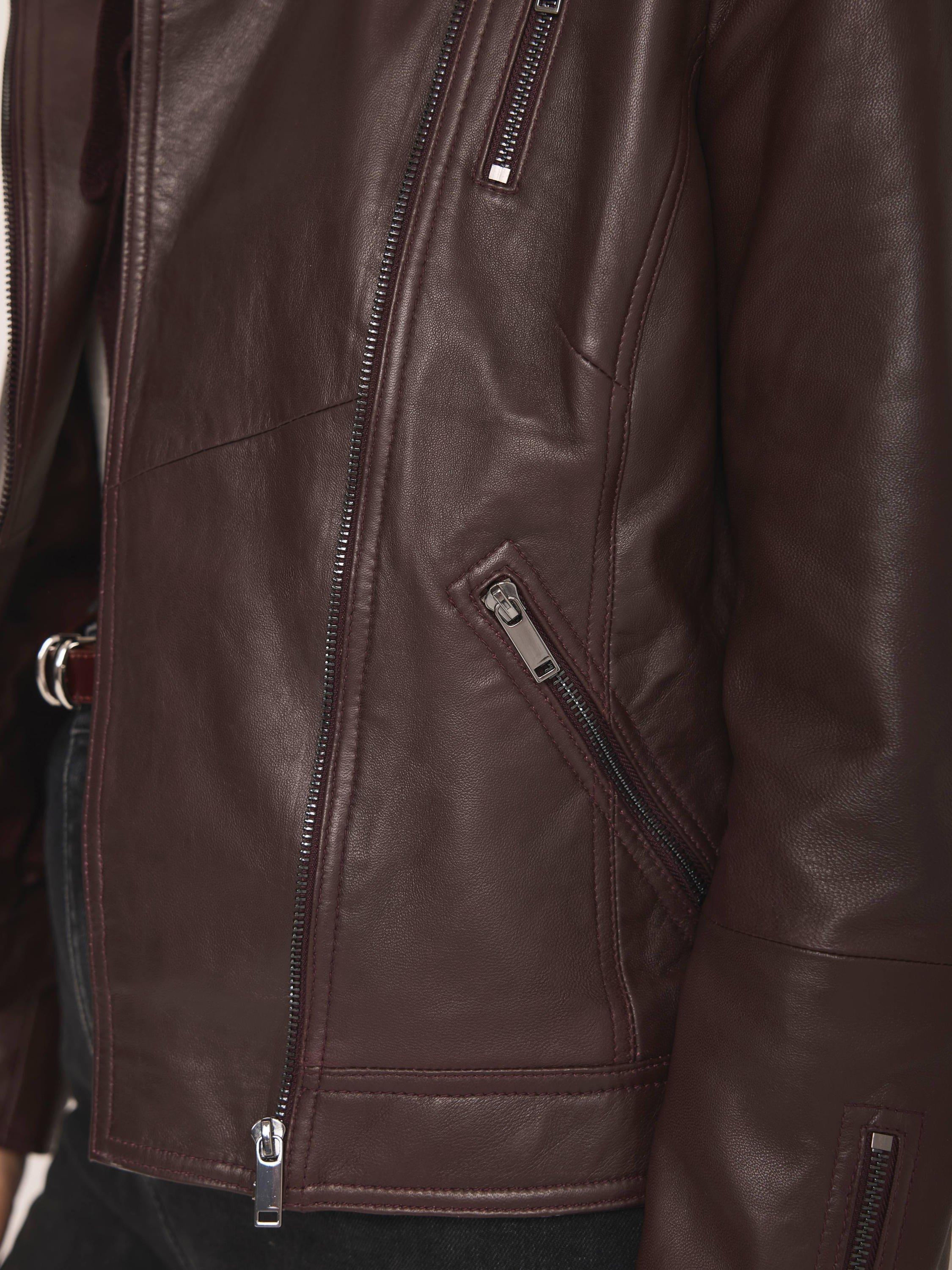 Product image 4 of 8, which shows Mint Velvet Leather Biker Jacket, Red Burgundy, 6