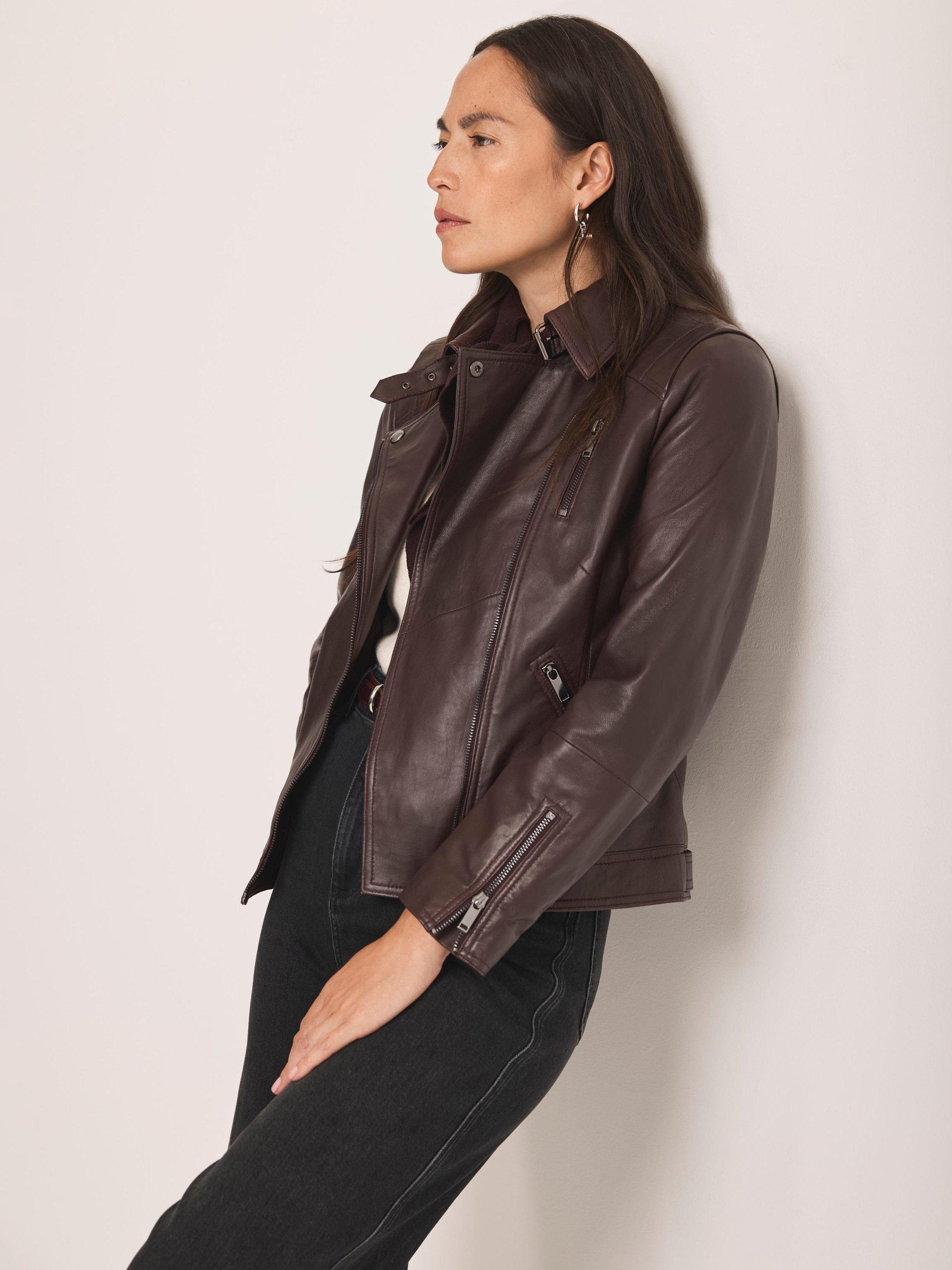 Product image 6 of 8, which shows Mint Velvet Leather Biker Jacket, Red Burgundy, 6