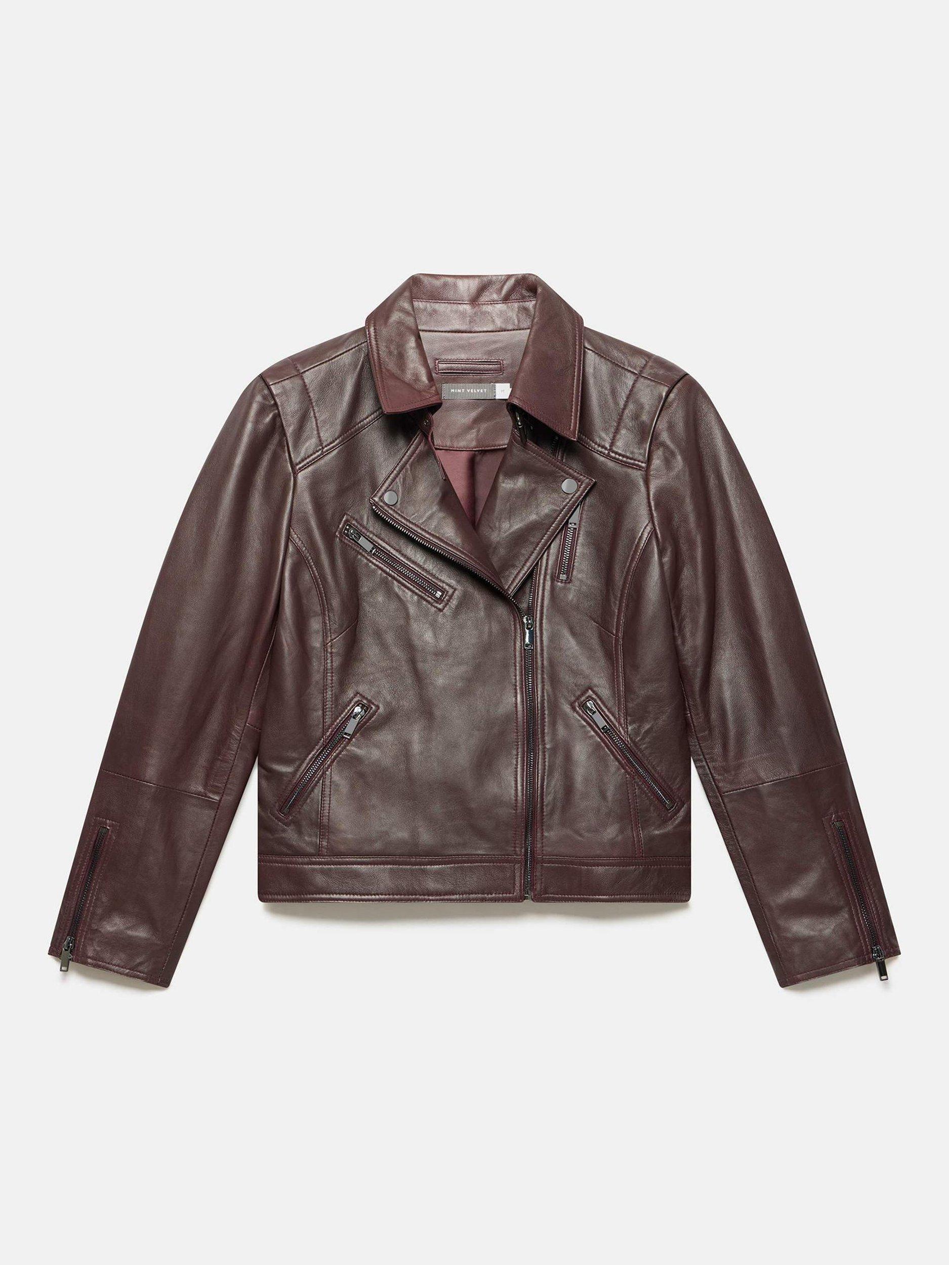 Product image 7 of 8, which shows Mint Velvet Leather Biker Jacket, Red Burgundy, 6