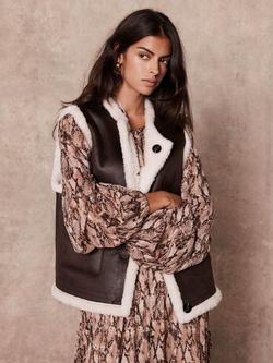 Mint Velvet Bonded Reversible Collarless Faux Fur Gilet, Brown/Multi