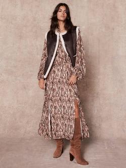 Mint Velvet Bonded Reversible Collarless Faux Fur Gilet - view 2, Brown/Multi