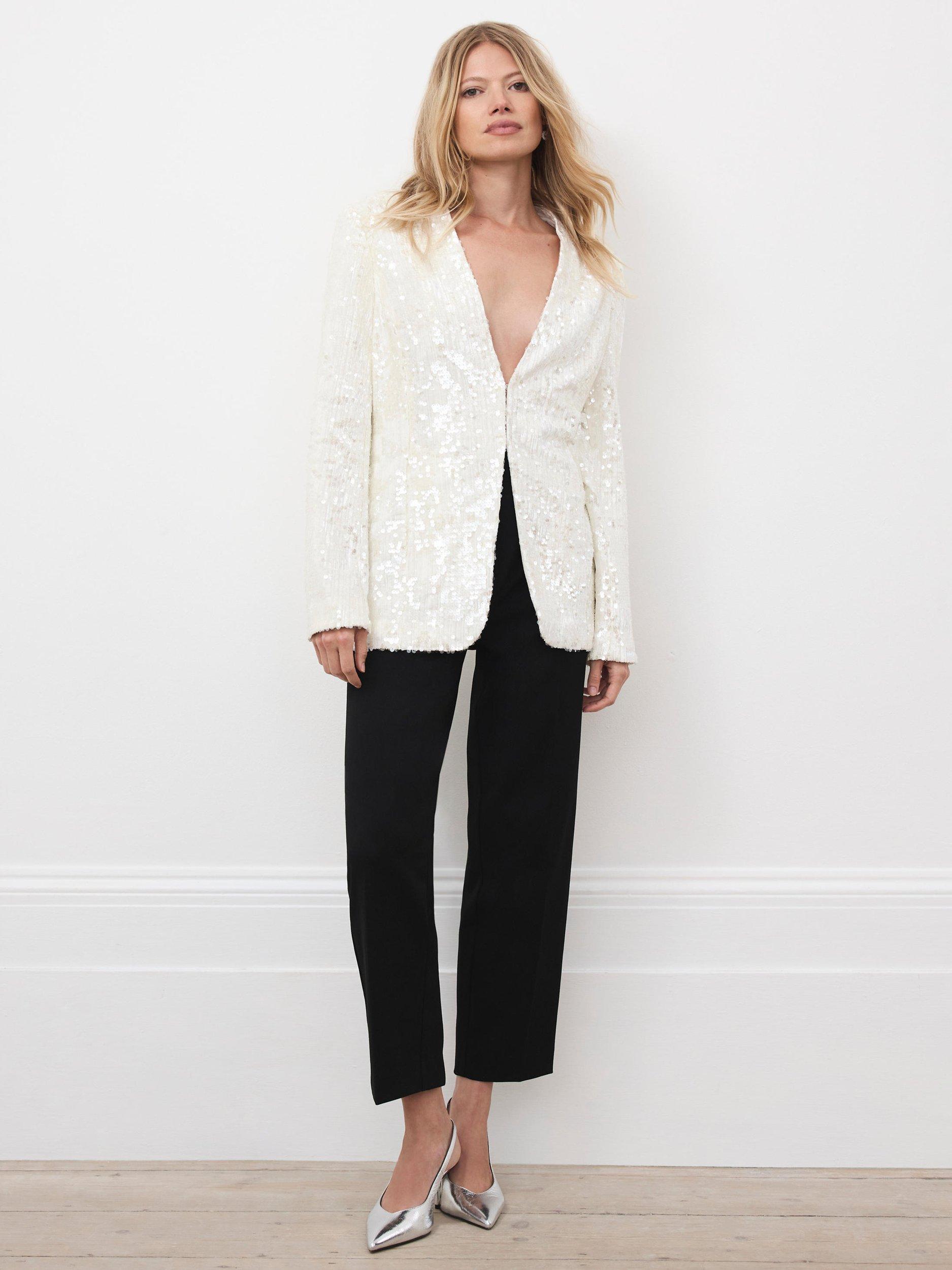 Product image 2 of 7, which shows Mint Velvet Embellilshed V Neck Blazer, White Ivory, 6