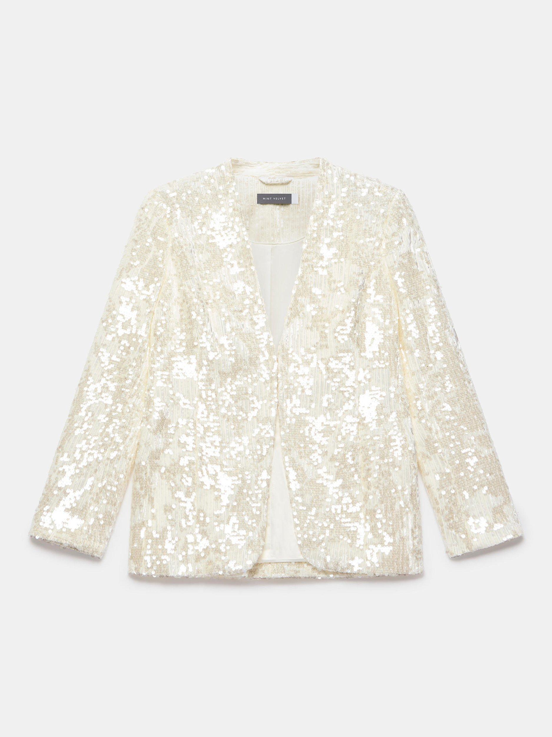 Product image 6 of 7, which shows Mint Velvet Embellilshed V Neck Blazer, White Ivory, 6