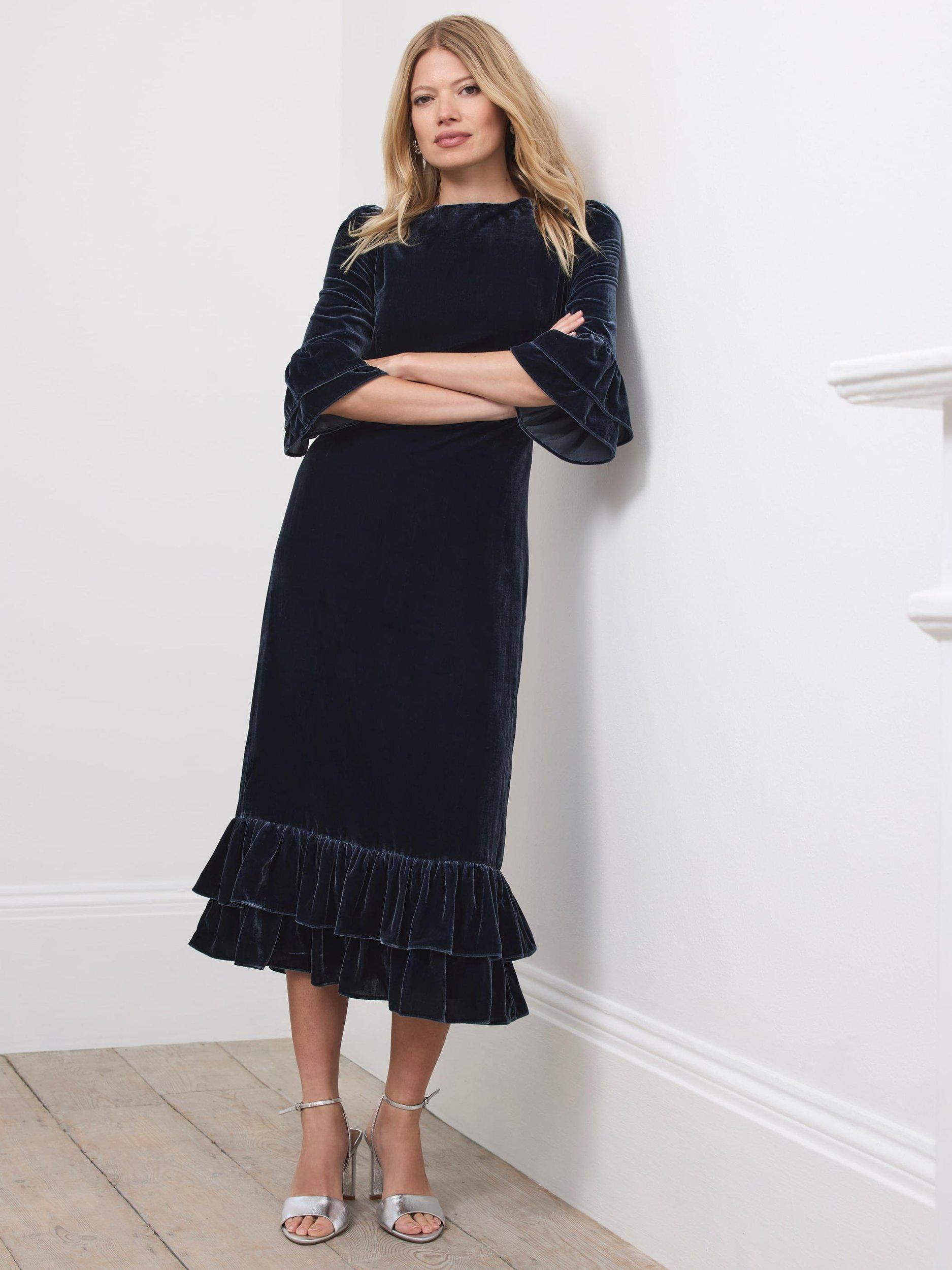 knee length dresses for ladies Navy Leaf Print Ruffle Detail Midi Dress  Mint Velvet